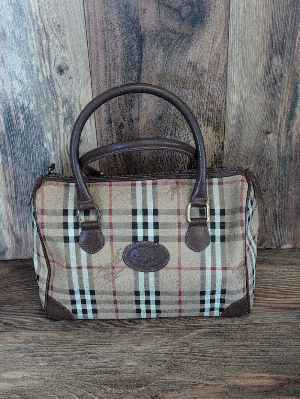 Burberry Vintage Nova Haymarket Check Print Woven Pattern Leather Trim - Picture 4 of 16